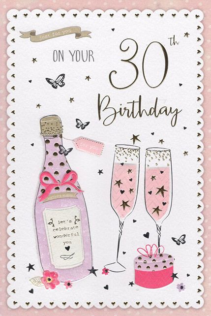 30th Birthday gold foil - Champagne/Prosecco bottle & two glasses